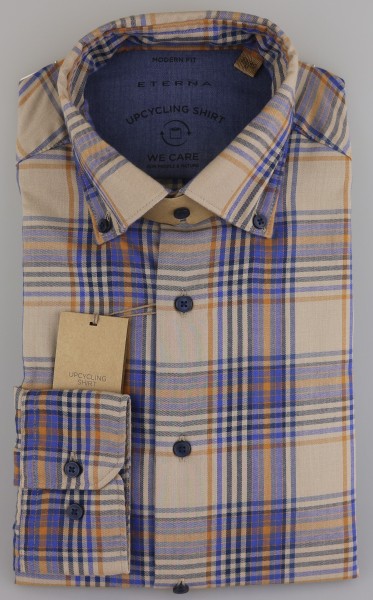 ETERNA COMFORT FIT UPCYCLING SHIRT Langarm Hemd blau-beige kariert 2403-17-QS9L